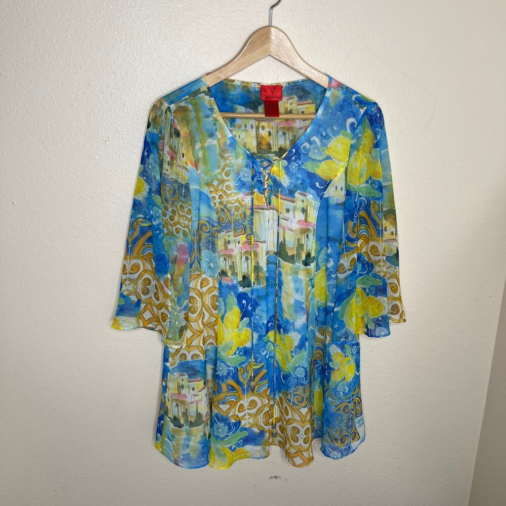 V Cristina Blue and Yellow Printed Tunic Medium